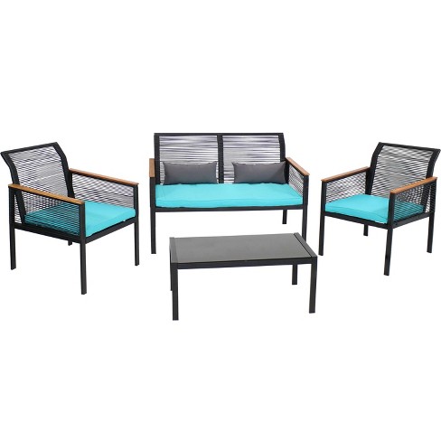 Sunnydaze Outdoor Rattan Coachford Patio Conversation Furniture Set with Loveseat, Chairs, Seat Cushions, and Coffee Table - 4pc - image 1 of 4