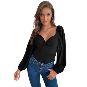 Coolmee Womens Body Suits Balloon Long Sleeve V Neck Bodysuits Ruched Pleated Bodysuit Fashion Leotard - 1 of 3