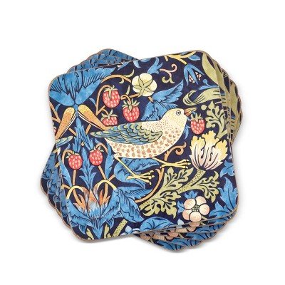 Pimpernel Morris & Co Strawberry Thief Red Collection Coasters, Set of 6, 4.25" Square, Cork Backed Board, Heat and Stain Resistant