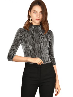INSPIRE CHIC Women's Party Glitter 3/4 Sleeve Stand Up Neck Shiny Striped Metallic Blouse