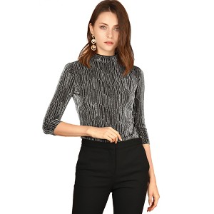 INSPIRE CHIC Women's Party Glitter 3/4 Sleeve Stand Up Neck Shiny Striped Metallic Blouse - 1 of 4