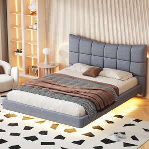 Full Size Linen Fabric Upholstered Platform Bed with LED Lights, USB Ports and Outlet 4L - ModernLuxe - 1 of 4