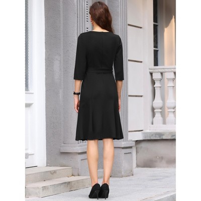 Женские платья INSPIRE CHIC Women's Brooch Decor 3/4 Sleeve Boat Neck Funeral Sheath Midi Dress with Belt Black Medium — фото 5