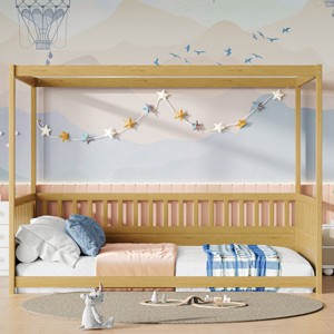 Canopy Floor Bed for Kids, Safe Montessori Bed with Guardrails, Four Poster Design Bed with Pine Wood Finish-Baofuwish - 1 of 4