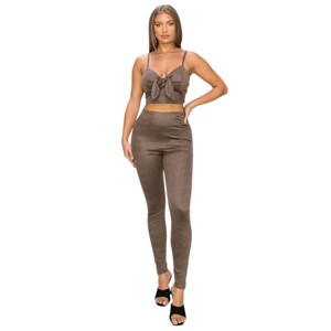 Slickblue Snake Print Crop Top & Leggings, Tie Front & High Waist, 2 Piece Set, Casual, Mocha/Sage, Size S-L - 1 of 4