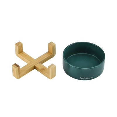 Green Ceramic Pet Bowl with Wooden Stand