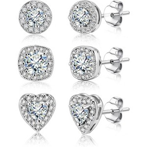 Sterling Silver CZ Stud Earrings Set - Round/Heart/Square Halo Designs for Women & Girls, Large Sparkling Studs - 1 of 4
