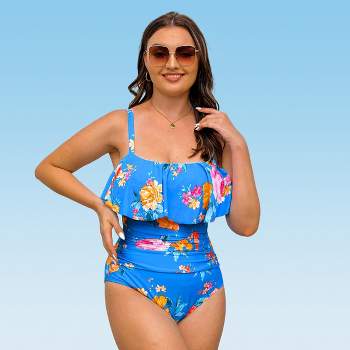 Women's Plus Size Floral Square Neck Ruffled One Piece Swimsuit - Cupshe