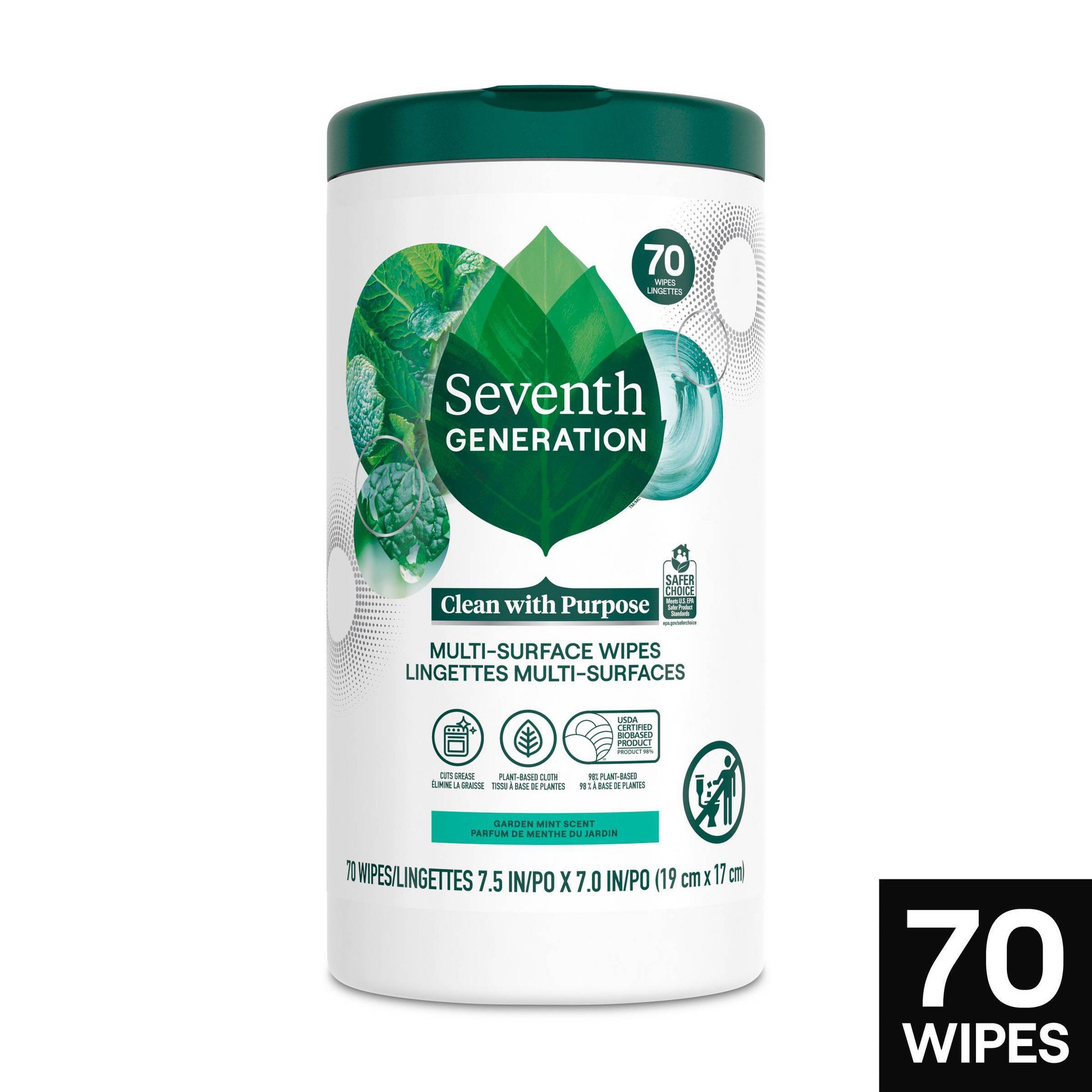 Seventh Generation Garden Mint Multi-Surface Cleaning Wipes - 70ct