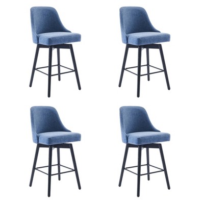 Set of 4 Blue Leather Bar Stools - 26" Counter Height Swivel Stools with Backrest & Wood Legs for Kitchen Island/Dining Room (Mid-Century Modern)