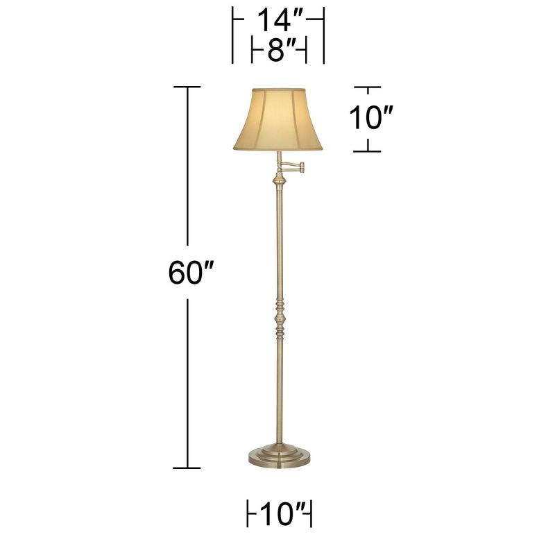 Regency Hill Montebello Vintage Retro Floor Lamp 60" Tall Antique Brass Metal Swing Arm Soft Tan Bell Shade for Living Room Bedroom Office House Home, 4 of 8