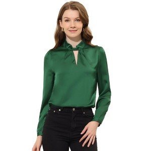 INSPIRE CHIC Women's Work Office Keyhole Elegant Mock Neck Long Sleeve Satin Blouse - 1 of 4