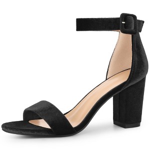 Perphy Women's Faux Velvet Ankle Buckle Strap High Chunky Heels Sandals - 1 of 4