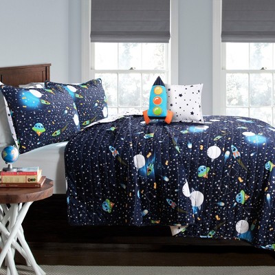 Navy Universe Kids Reversible Quilt Set with Rocket Pillow