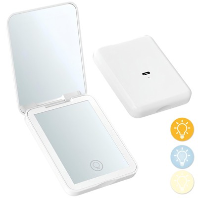 YEVYO Rechargeable Pocket Mirror, Double Sided 1X/3X Magnification Compact Vanity Mirror, 3 Color Lights, Travel Mirror for Women Gifts, White