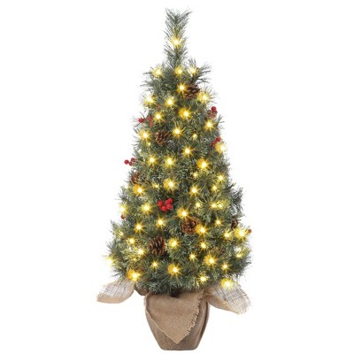 Homhougo 3ft Flocked Tabletop Christmas Tree with Red Berry Clusters, Decorative Green Pot Base, Ideal for Porch or Front Door