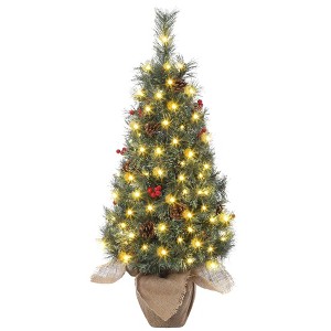 Homhougo 3ft Flocked Tabletop Christmas Tree with Red Berry Clusters, Decorative Green Pot Base, Ideal for Porch or Front Door - 1 of 4