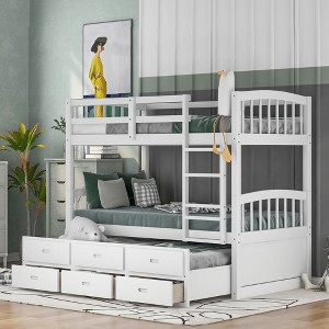 PAGED Twin Size Bunk Bed L-Shaped Pine Triple Bed Frame with 2 Storage Drawers and Guardrail for Bedroom - 1 of 4