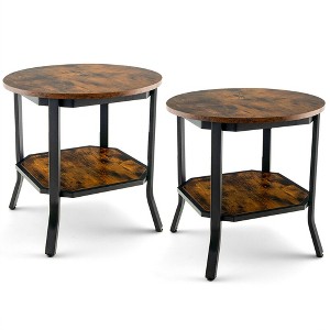 Tangkula 2PCS 2-Tier Sofa End Side Table Nightstand Round Tabletop for Living Room Brown - 1 of 4