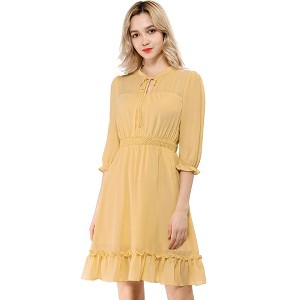 Allegra K Women's Solid Ruffle Hem 3/4 Sleeve A-Line Smocked Short Chiffon Dress - 1 of 4