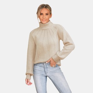 Women's Beige Cozy Knitted Turtleneck Sweater with Intricate Pointelle Details - Cupshe - 1 of 4