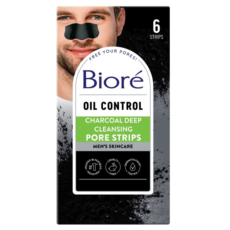Biore Men&#39;S Charcoal Deep Cleansing Pore Strips, Charcoal Blackhead Remover Pore Strips, Nose Strips - 6ct, 1 of 10