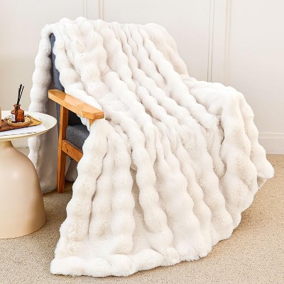 Attop Faux Rabbit Fur Throw Blanket for Couch, Fluffy Warm Plush Thick Bubble Blanket for Bed Sofa Living Room