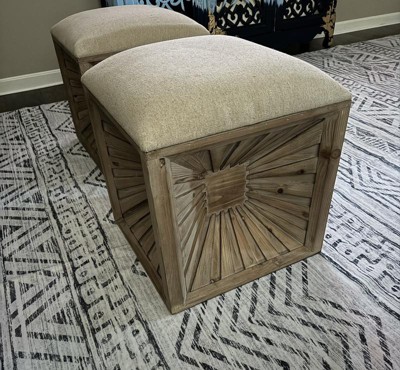 Natural Fir Wood Cube Ottoman with Linen Cushion