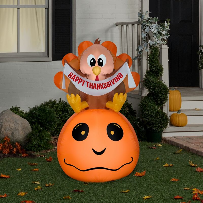 Gemmy Airblown Inflatable Pumpkin and Turkey with Happy Thanksgiving Banner, 4.5 ft Tall, Orange, 2 of 5