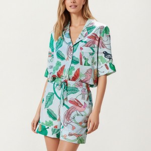 Anna-Kaci Lounge Women's Tropical Bird Print Satin Pajama Set with Short Sleeve Button-Up Top and Relaxed Fit Elastic Waist Shorts - 1 of 4
