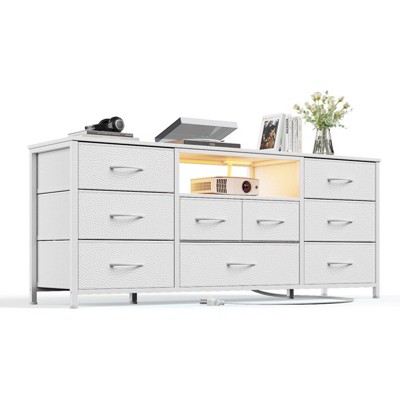 9 Drawer Dresser 55” Long TV Stand for Bedroom Entertainment Center with Power Outlet LED Light for 55"-65" TV Dresser with Fabric Storage White