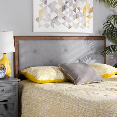 Light Gray and Walnut Brown Tufted Upholstered Queen Headboard