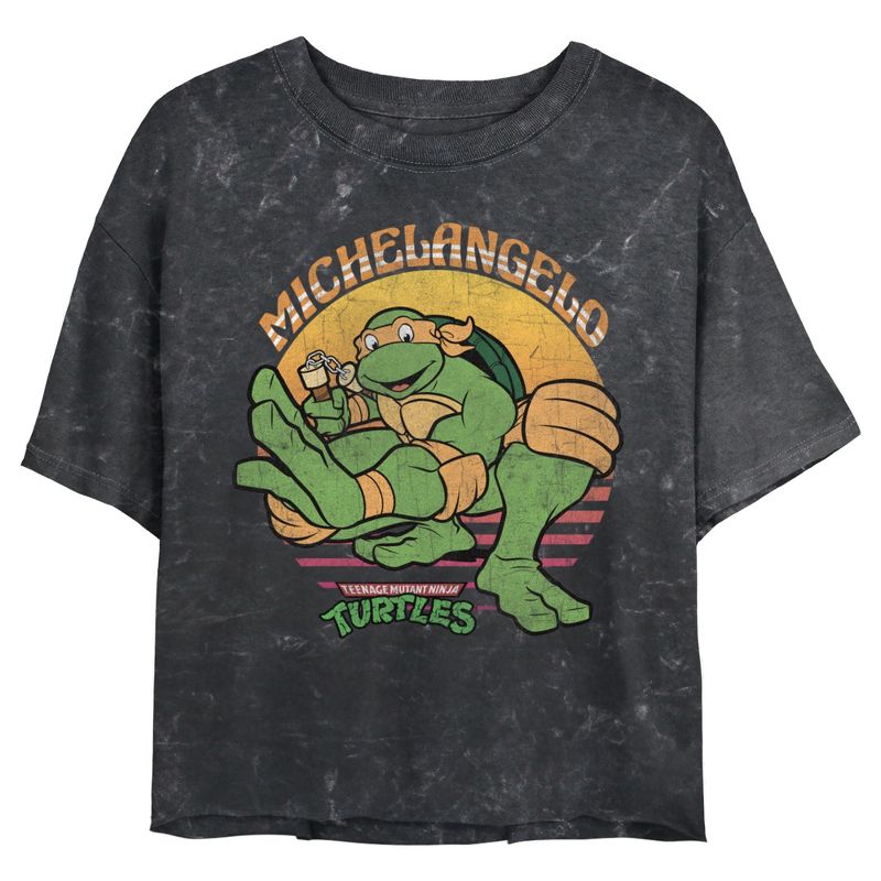 Juniors Womens Teenage Mutant Ninja Turtles Distressed Michelangelo Sunset T-Shirt, 1 of 5
