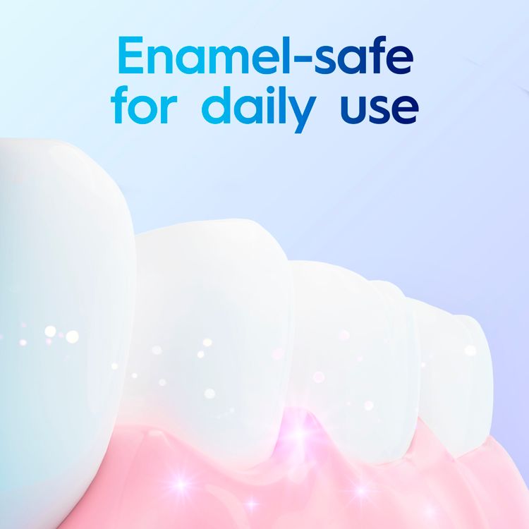 Illustration of white teeth with pink gums and the text "Enamel-safe for daily use" on a light blue background.