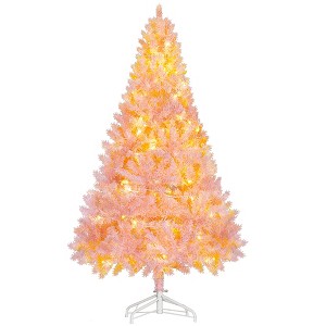 HOMCOM 6 FT Tall Pre-Lit Douglas Fir Artificial Christmas Tree with Realistic Branches, 250 Warm White LED Lights and 1000 Tips, Pink - 1 of 4