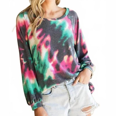 Women's Tie Dye Print Terry Top With Puff Sleeves - BiBi