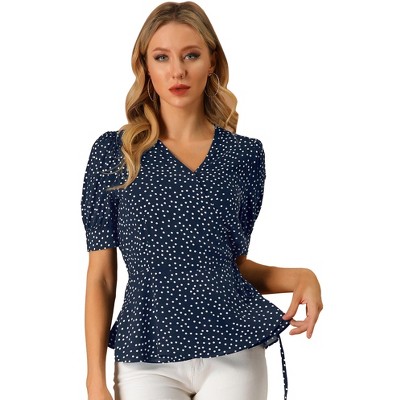 INSPIRE CHIC Women's Dots Print Tie Waist Ruffle Hem V Neck Wrap Peplum Shirts