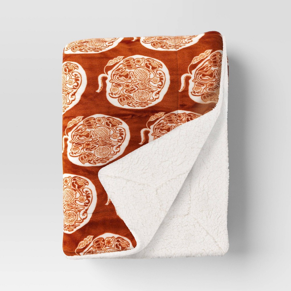 Pumpkin Printed Plush Throw Blanket with Faux Shearling Reverse Orange - Threshold™