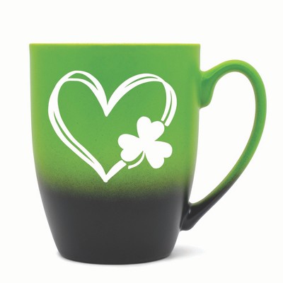 Elanze Designs Heart Outline With Three Leaf Clover Two Toned Ombre Matte 10 ounce New Bone China Coffee Tea Cup Mug, Green and Black