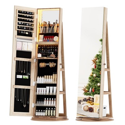 Vlsrka 360° Rotating Jewelry Cabinet with Lights, 63" Lockable Mirror Armoire Organizer Stand with Storage