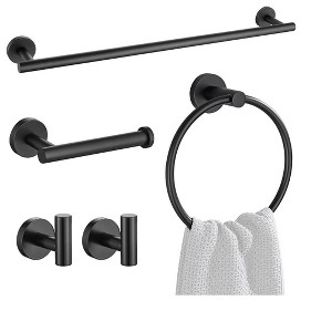 Itopfox 5-Piece Matte Black Bathroom Accessories Set, Stainless Steel Hardware with Towel Bar, Toilet Paper Holder & Hooks, Wall Mounted for Decor - 1 of 4