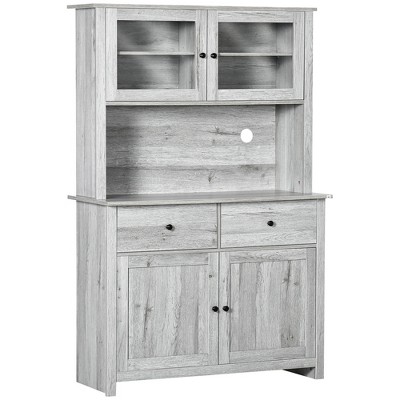 HOMCOM 63.5" Kitchen Buffet with Hutch, Pantry Storage Cabinet with 4 Shelves, Drawers, Framed Glass Doors, Open Microwave Countertop