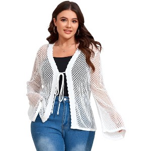 Coolmee Women Plus Size Knotted Crochet Cardigan Tie Front Hollow Out Knit Long Sleeve V Neck Boho Cute Shrug Cardigan - 1 of 1