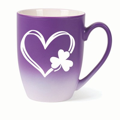 Elanze Designs Heart Outline With Three Leaf Clover Two Toned Ombre Matte 10 ounce New Bone China Coffee Tea Cup Mug, Purple and White