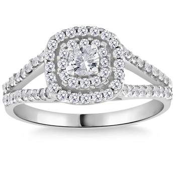 Pompeii3 1Ct TW Diamond Double Cushion Halo Engagement Ring in 10k White Gold - Size 7