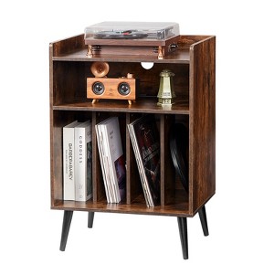 VEVOR Record Player Stand with Light, 3 Tiers Turntable Stand with Charging Station & USB Ports, Holds up to 150 Albums, Brown - 1 of 4