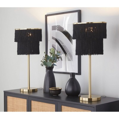 LumiSource: Fringe 25" Gold Metal Buffet Lamps with Black Faux Silk Shade, Set of 2