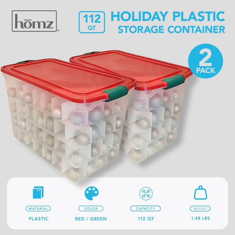 Homz 112 Quart Stackable Durable Plastic Clear Base Holiday Storage Container Tote Box with Latching Carry Handles and Dividers, Clear (2 Pack), 3 of 7