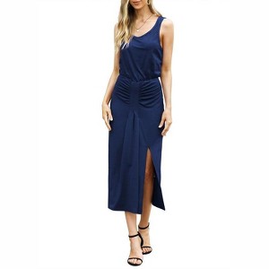 Coolmee Women's Front Ruched Tank Dress Crew Neck Sleeveless Midi Dresses - 1 of 4