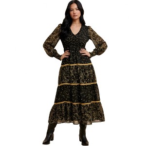 Knit & Lounge Women’s Long Sleeve Tiered Maxi Dress Sheer Floral Mesh V-Neckline Smocked Waist Boho Style - 1 of 4